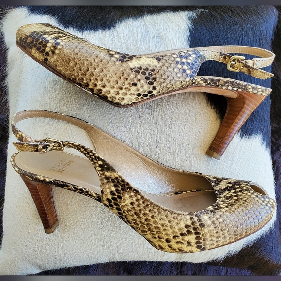 Stuart Weitzman Genuine Snake Python Skin  Peep Toe Slingback Heels Sz 8.5 - Picture 1 of 10
